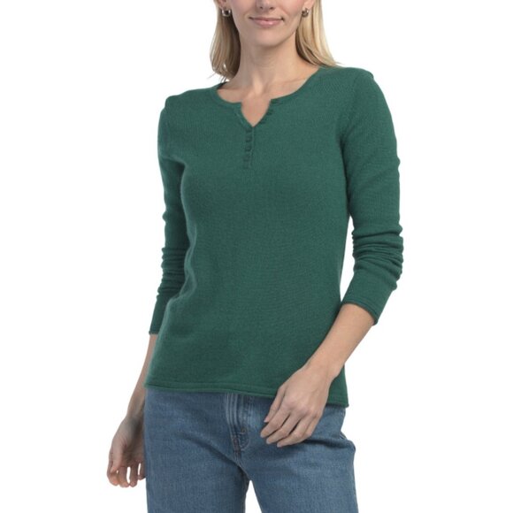 CYNTHIA ROWLEY Posy Green Cashmere Henley Neck Sweater - Picture 1 of 2